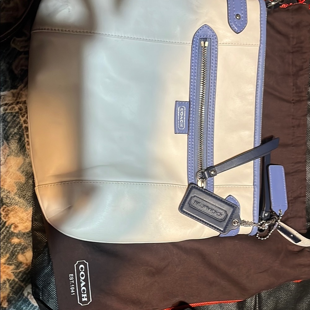 Coach White and Blue Shoulder Bag with Canvas Texture